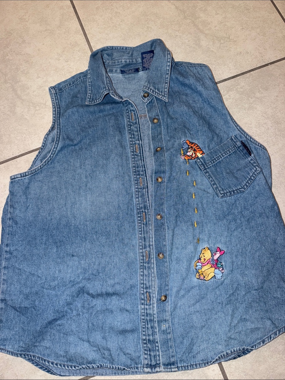 Disney Blue Denim Sleeveless Button-Front Shirt with Winnie the Pooh Embroidery